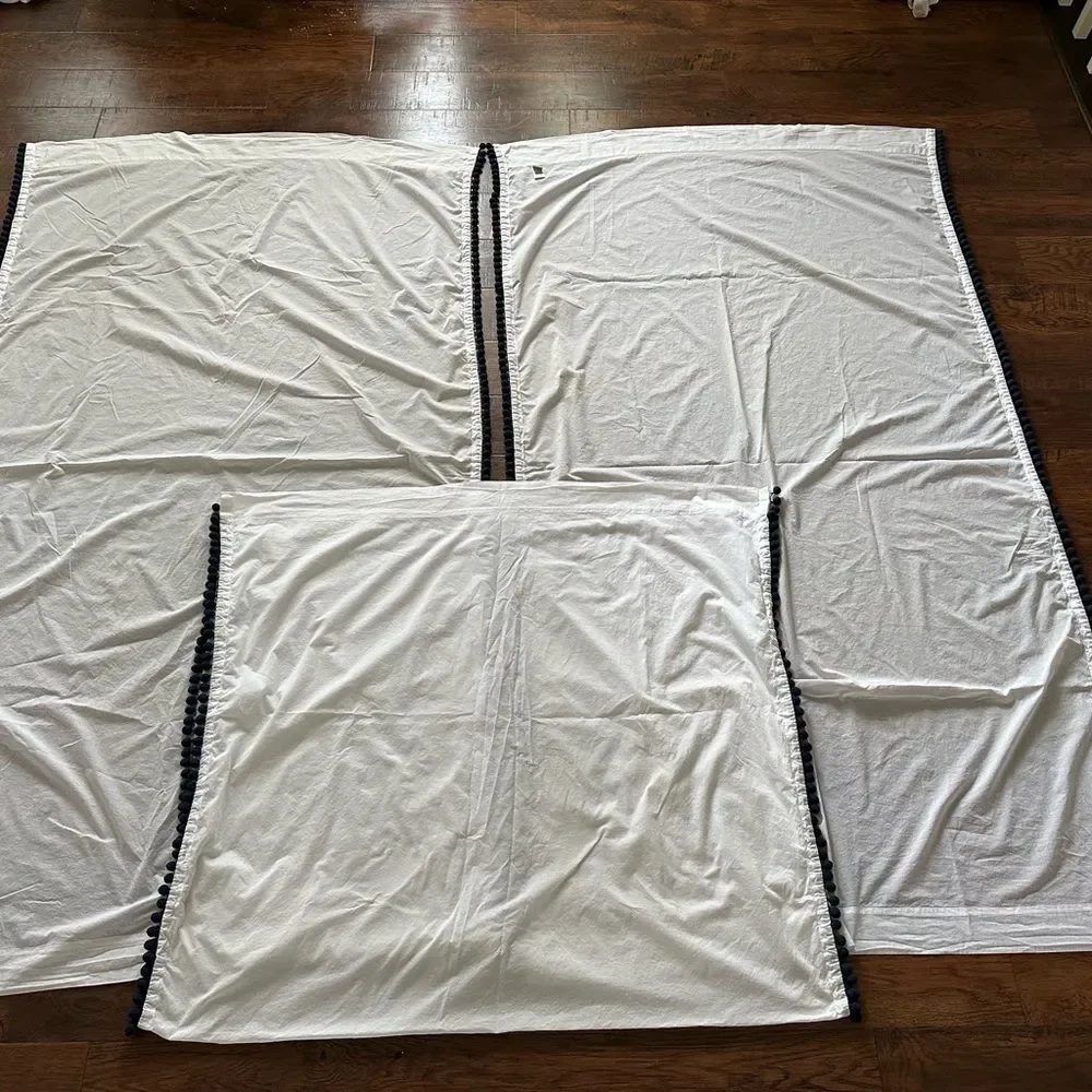 Pottery Barn Teen Sheer Curtains Drapes Navy Blue Pom Poms 44”x84” SET OF 3